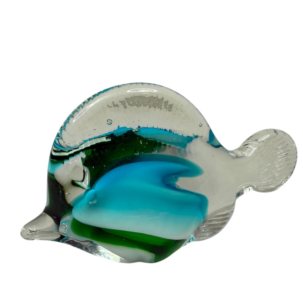 Hand Blown Murano Art Glass Tropical Fish Figurine Blue Green Swirl 3 in H